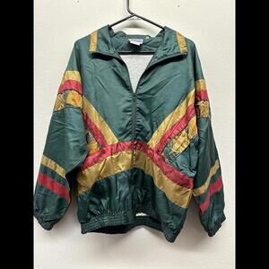 Vtg Windbreaker Jacket Streetwear Green Gold Sz Medium Zipper Pockets Unique